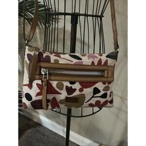 Fossil Dawson  Canvas Crossbody Brown Pink Floral Handbag Purse